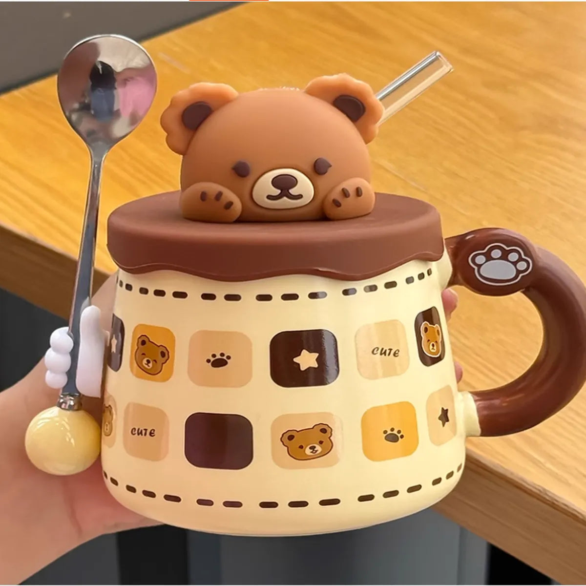 USB Heated Bear Mug with Glass Straw, Spoon & Cute Figurines